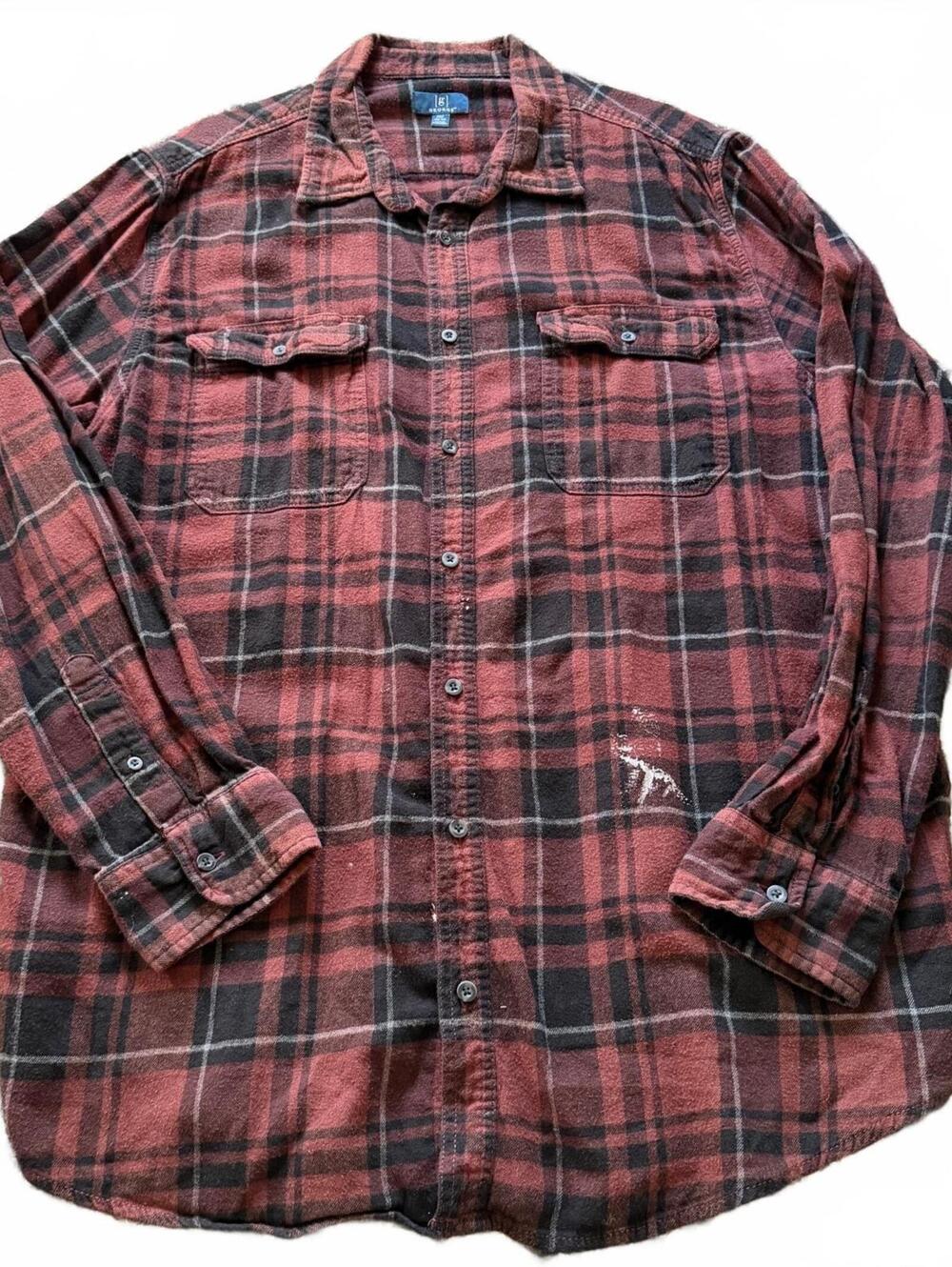 George Mens 2XL Red Black Plaid Flannel Shirt Distressed Grunge Workwear